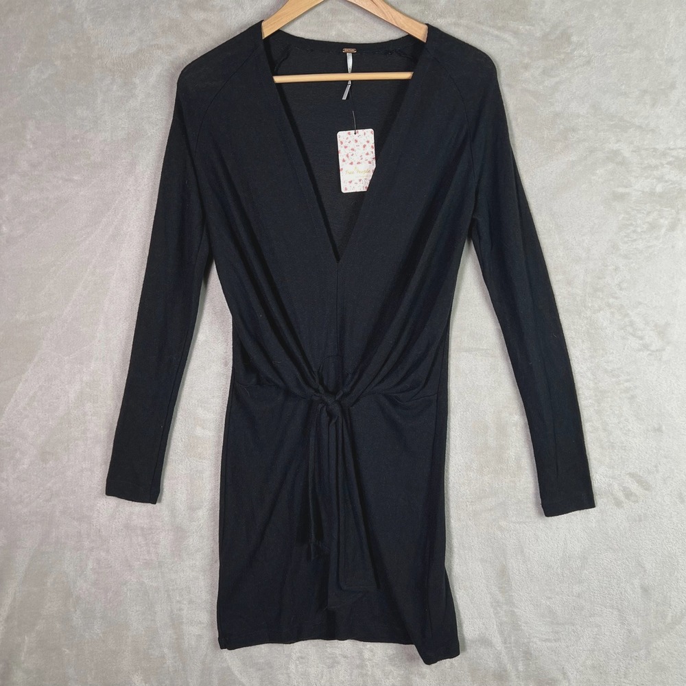 NWT Free People Ginger Cozy Tie Front Dress S Black V-Neck Mini LBD Retail $98